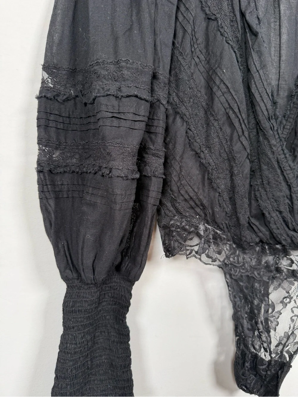 Free People The Eloise Smocked Lace Bodysuit Black Long Sleeve Sz S